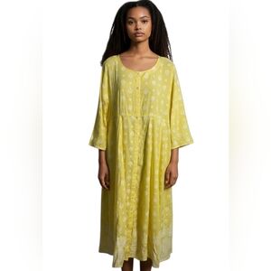 Avaasa Yellow Leaf Print Oversized Lagenlook Rayon Dress Boho Chic XL